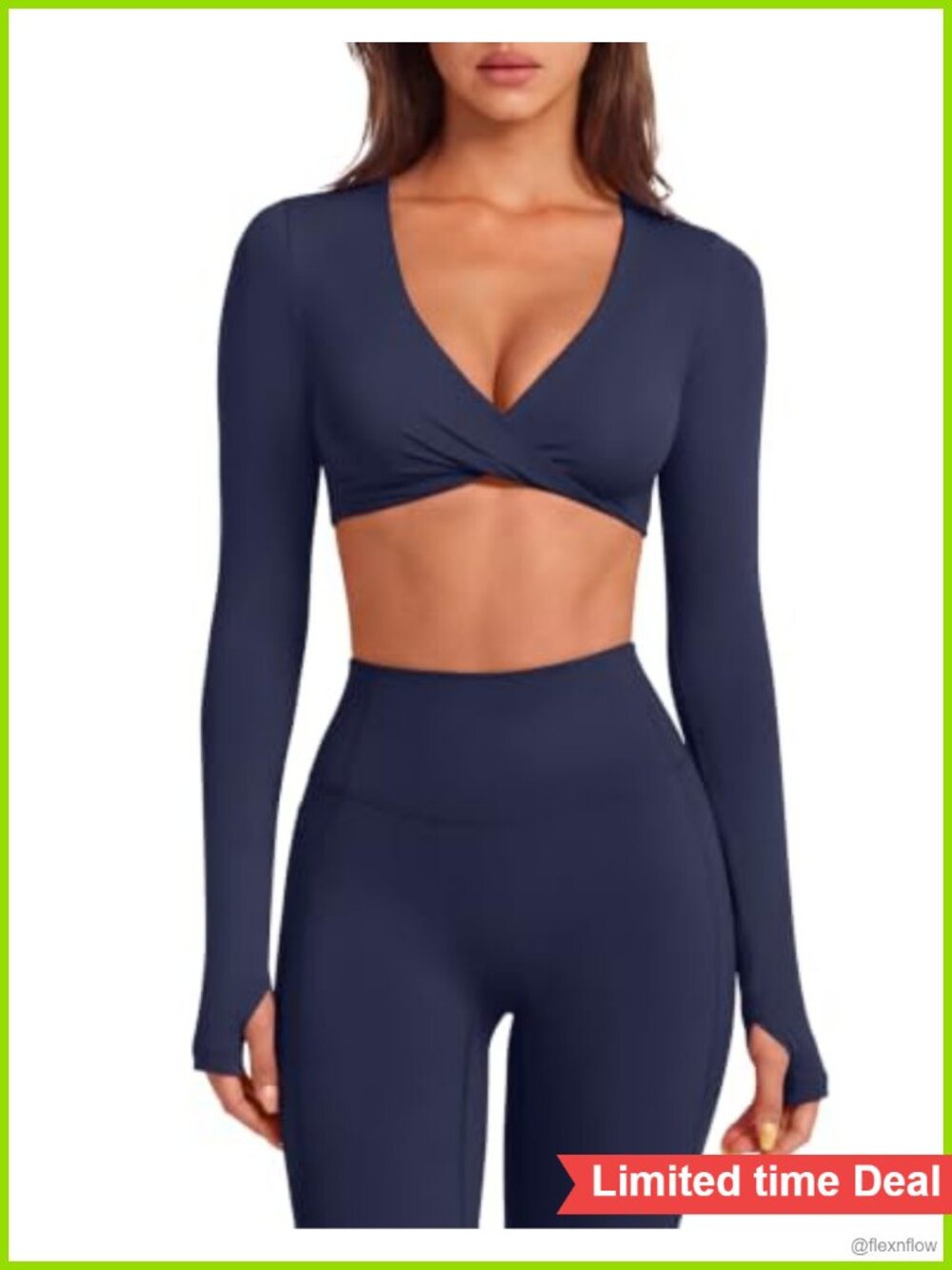 2 Piece Workout Set Twist Deep V Long Sleeve Crop Top High Waisted Leggings